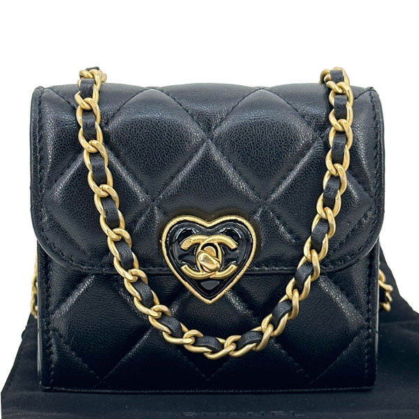 CHANEL Coco Love CC Heart Quilted Lambskin Leather Clutch With Chain Black