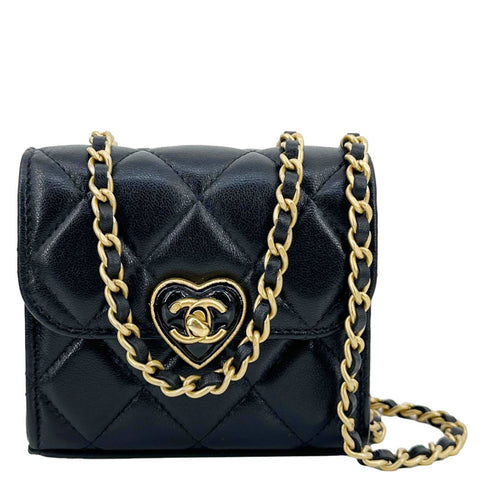 CHANEL Coco Love CC Heart Quilted Lambskin Leather Clutch With Chain Black
