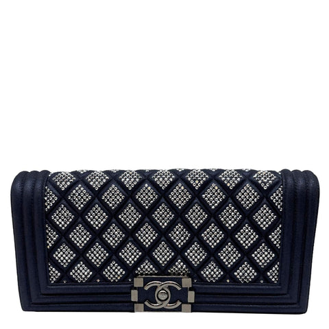 CHANEL Boy Strass Swarovski Leather Pouch Navy Blue