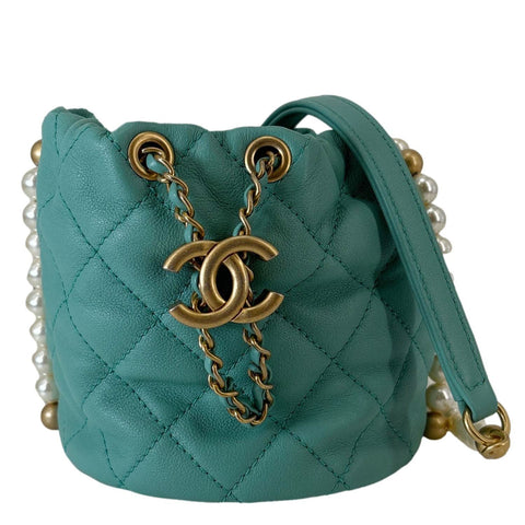 CHANEL About Pearls Quilted Calfskin Leather Drawstring Bucket Bag Teal