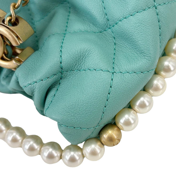 CHANEL About Pearls Quilted Calfskin Leather Drawstring Bucket Bag Teal