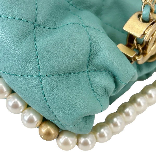 CHANEL About Pearls Quilted Calfskin Leather Drawstring Bucket Bag Teal