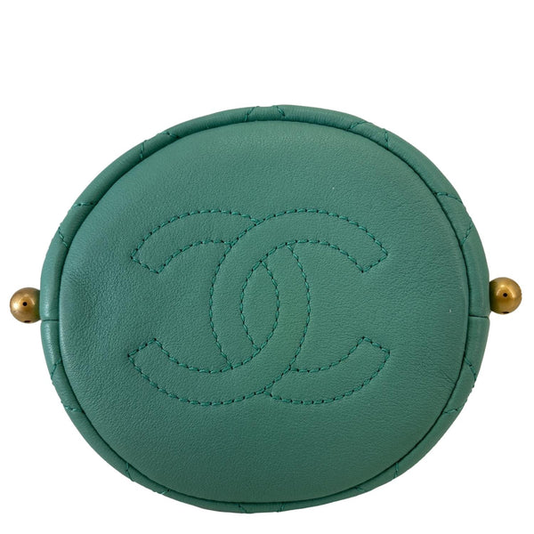 CHANEL About Pearls Quilted Calfskin Leather Drawstring Bucket Bag Teal