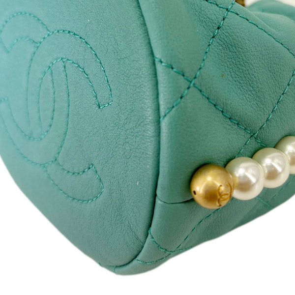 CHANEL About Pearls Quilted Calfskin Leather Drawstring Bucket Bag Teal