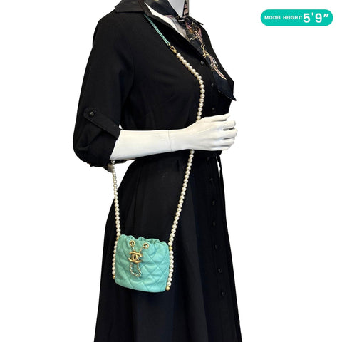 CHANEL About Pearls Quilted Calfskin Leather Drawstring Bucket Bag Teal