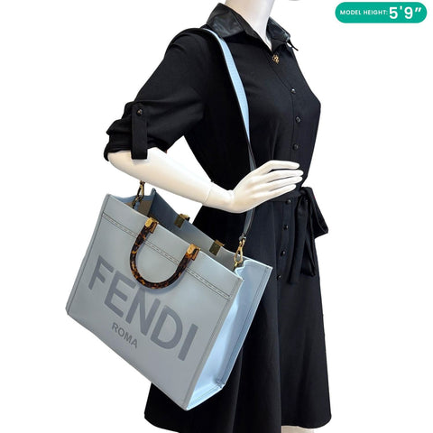 FENDI Sunshine Medium Leather Tote Bag Light Blue