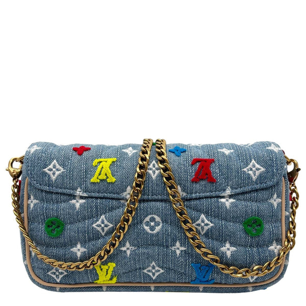 LOUIS VUITTON New Wave Embroidered Monogram Denim Chain Pochette Blue