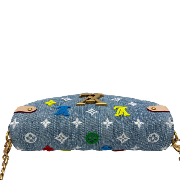 LOUIS VUITTON New Wave Embroidered Monogram Denim Chain Pochette Blue