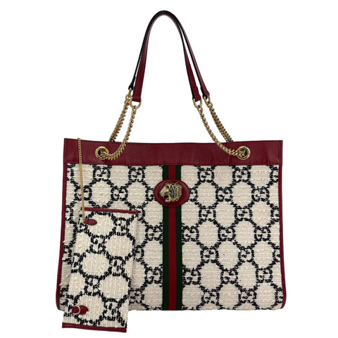 GUCCI Rajah Large GG Tweed Chain Tote Bag White 537219