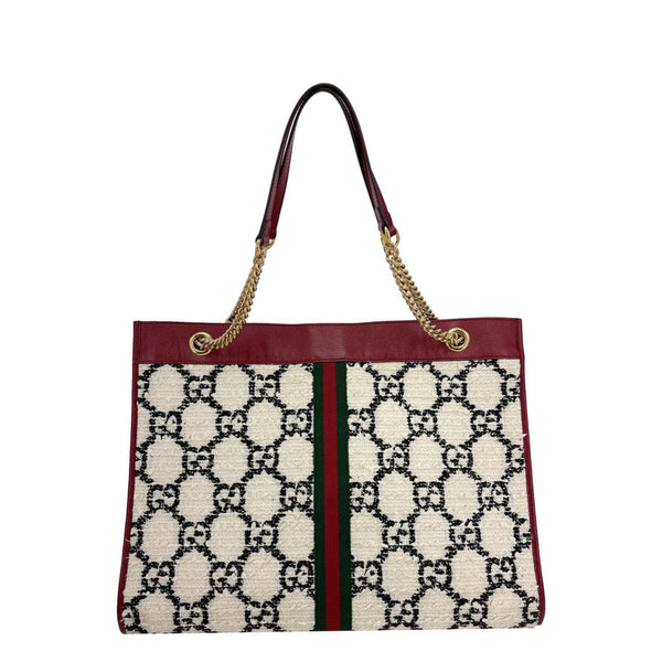 GUCCI Rajah Large GG Tweed Chain Tote Bag White 537219
