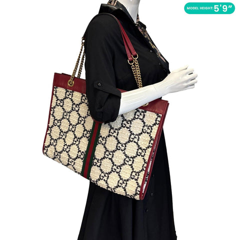 GUCCI Rajah Large GG Tweed Chain Tote Bag White 537219