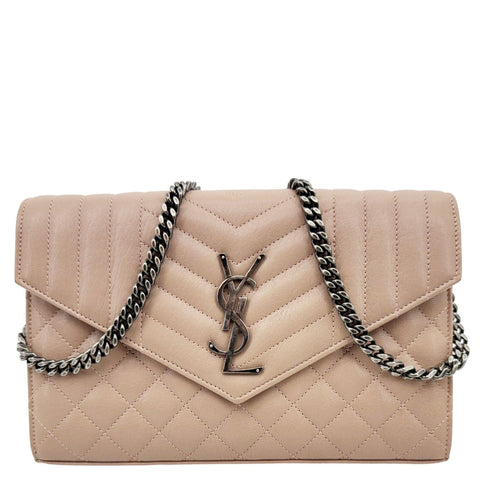 YVES SAINT LAURENT Envelope Sheepskin Leather Chain Shoulder Bag Dark Beige