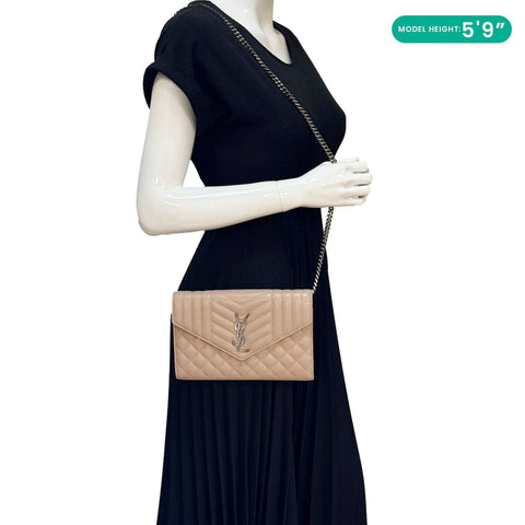 YVES SAINT LAURENT Envelope Sheepskin Leather Chain Shoulder Bag Dark Beige