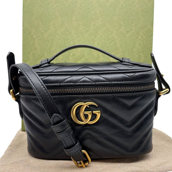GUCCI GG Marmont Matelasse Calfskin Chevron Top Handle Crossbody Bag Black 672253