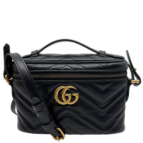GUCCI GG Marmont Matelasse Calfskin Chevron Top Handle Crossbody Bag Black 672253