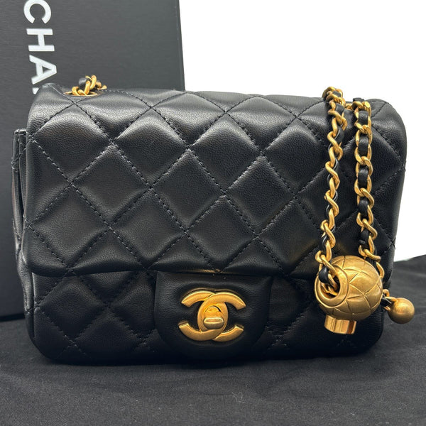 CHANEL Pearl Crush Square Flap Mini Quilted Lambskin Leather Shoulder Bag Black