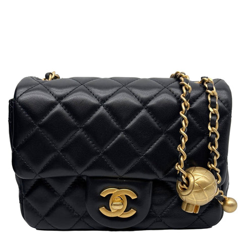 CHANEL Pearl Crush Square Flap Mini Quilted Lambskin Leather Shoulder Bag Black