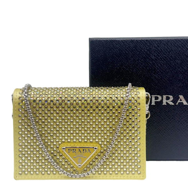 PRADA Triangle Logo Crystal Satin Chain Card Holder Shoulder Bag Gold
