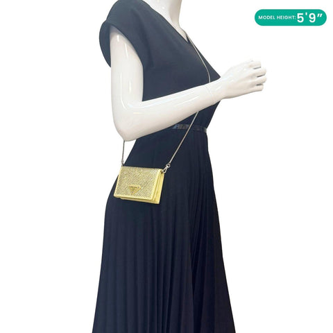 PRADA Triangle Logo Crystal Satin Chain Card Holder Shoulder Bag Gold