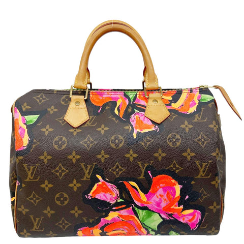 LOUIS VUITTON  Speedy 30 Monogram Roses Canvas Satchel Bag Brown
