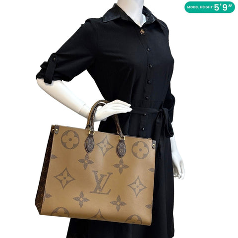 LOUIS VUITTON Onthego GM Giant Monogram Reverse Canvas Tote Shoulder Bag Brown