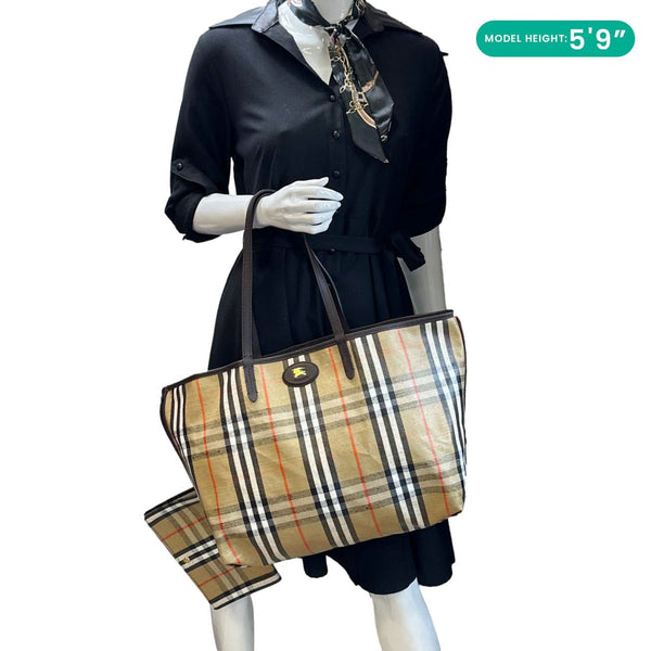 BURBERRY Highlands Medium Check Canvas Tote Bag Beige
