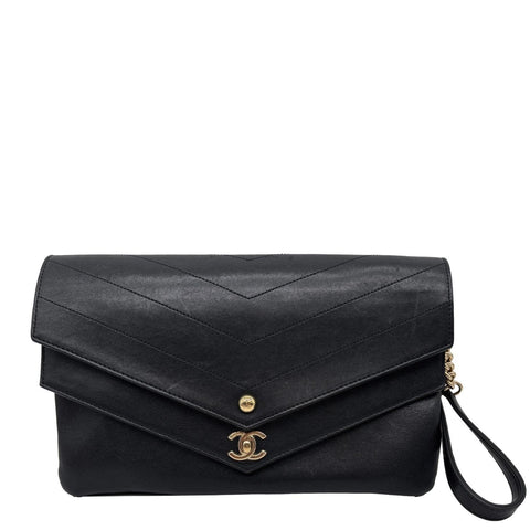 CHANEL Paris Hamburg Double Flap Chevron Leather Clutch Black