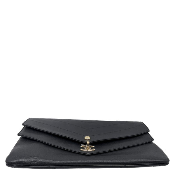 CHANEL Paris Hamburg Double Flap Chevron Leather Clutch Black