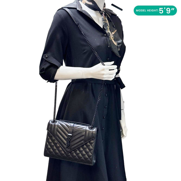 YVES SAINT LAURENT Envelope Medium Grain De Poudre Leather Chain Shoulder Bag Black