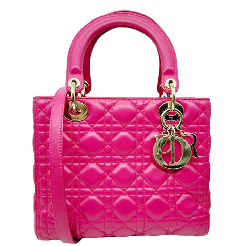 CHRISTIAN DIOR Lady Dior Medium Lambskin Quilted Leather Shoulder Bag Pink