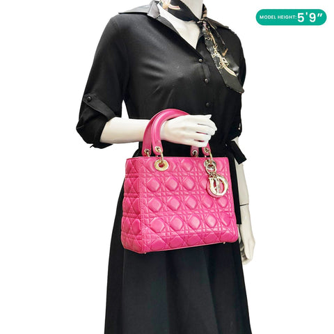 CHRISTIAN DIOR Lady Dior Medium Lambskin Quilted Leather Shoulder Bag Pink