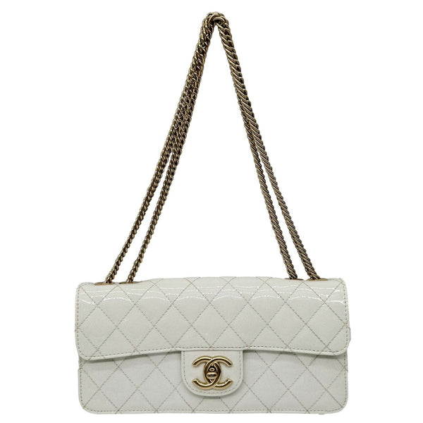 CHANEL Evening Star East West Quilted Patent Leather Shoulder Bag White