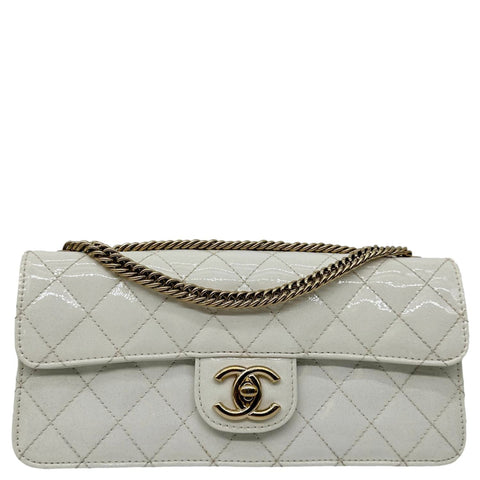 CHANEL Evening Star East West Quilted Patent Leather Shoulder Bag White