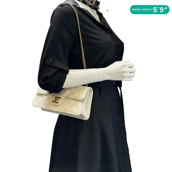 CHANEL Evening Star East West Quilted Patent Leather Shoulder Bag White