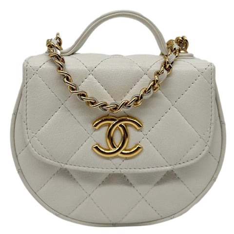 CHANEL Aged Quilted Calfskin Leather Top Handle Clutch With Chain White