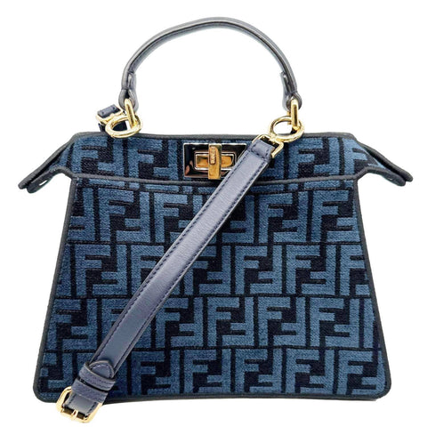 FENDI Peekaboo I SEE U Small Chenille FF Vitello Seta Satchel Bag Blue