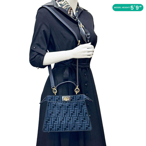 FENDI Peekaboo I SEE U Small Chenille FF Vitello Seta Satchel Bag Blue