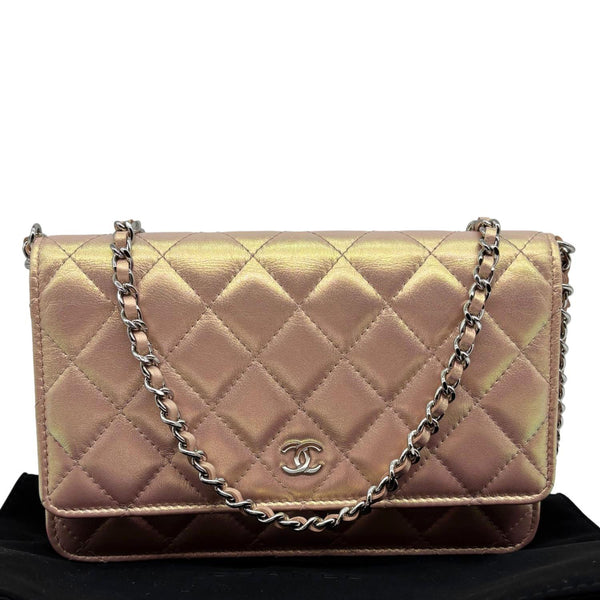 CHANEL Iridescent Quilted Calfskin Leather Wallet On Chain Pink
