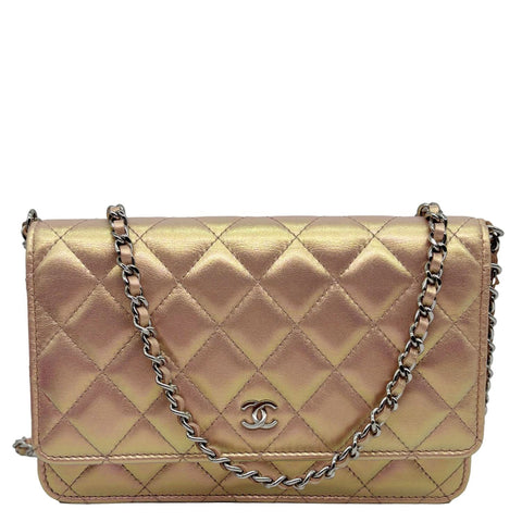 CHANEL Iridescent Quilted Calfskin Leather Wallet On Chain Pink