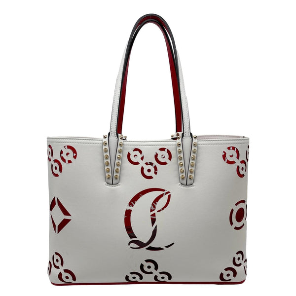 CHRISTIAN LOUBOUTIN Cabarock Spikes Loubinthesky Calfskin Leather Tote Bag White