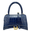 BALENCIAGA Hourglass Small Crocodile Embossed Top Handle Shoulder Bag Blue