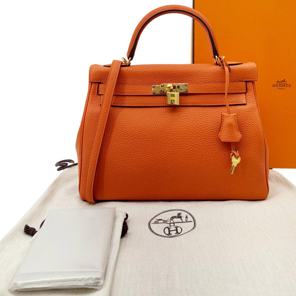 HERMES Kelly 28 Clemence Leather Shoulder Bag Orange