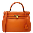 HERMES Kelly 28 Clemence Leather Shoulder Bag Orange