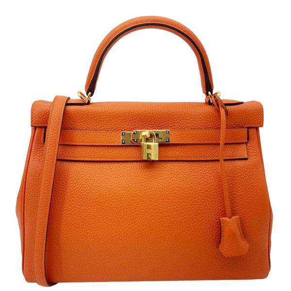 HERMES Kelly 28 Clemence Leather Shoulder Bag Orange