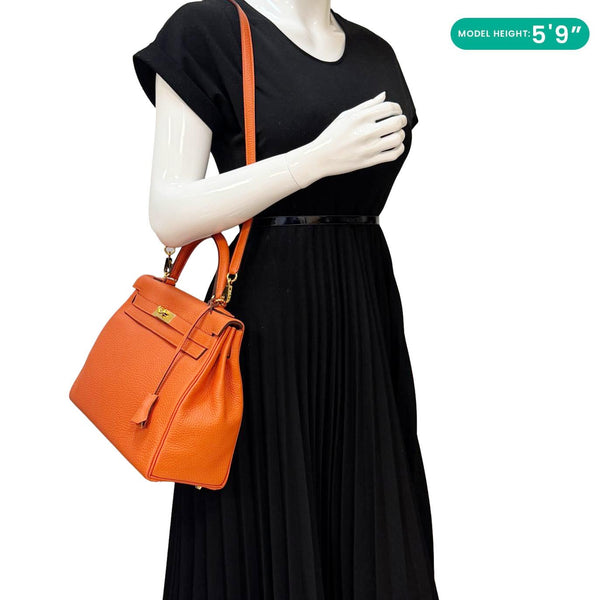 HERMES Kelly 28 Clemence Leather Shoulder Bag Orange