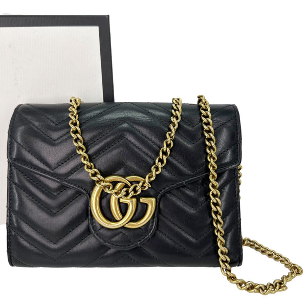 GUCCI GG Marmont Matelasse Leather Crossbody Chain Wallet Black 474575