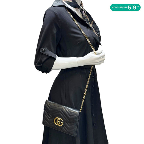 GUCCI GG Marmont Matelasse Leather Crossbody Chain Wallet Black 474575