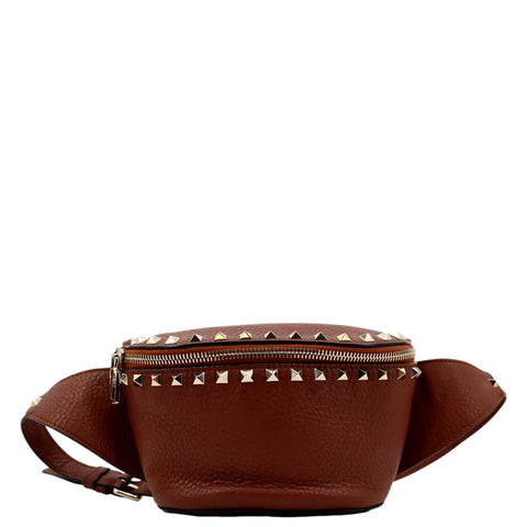 VALENTINO Rockstud Leather Crossbody Belt Bag Bright Cognac