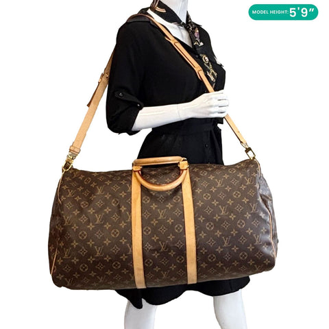 LOUIS VUITTON Keepall 55 Bandouliere Monogram Canvas Travel Bag Brown