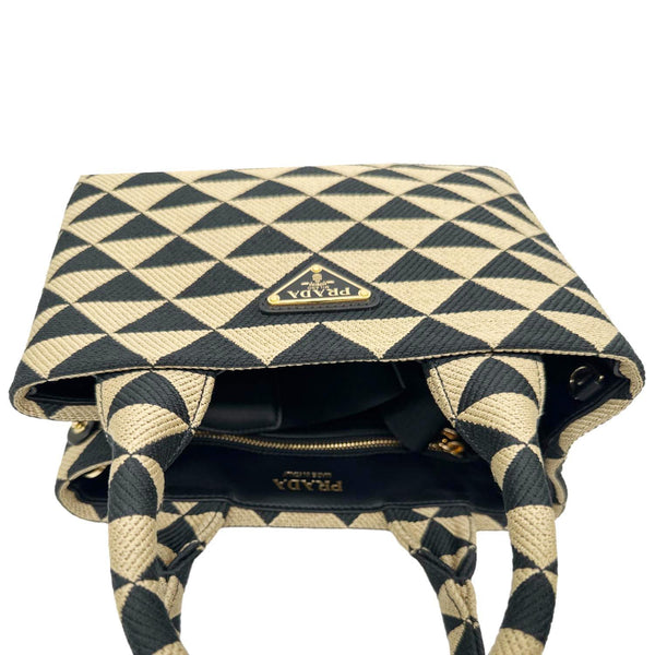 PRADA Symbole Embroidered Canvas Tote Bag Beige